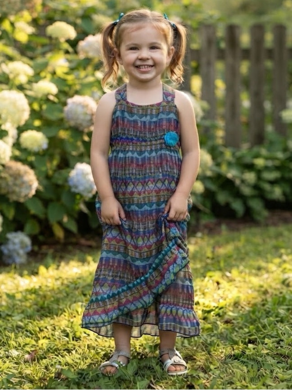 Pink & violet maxi dress girls size 4 blue tribal crochet short sleeve lining